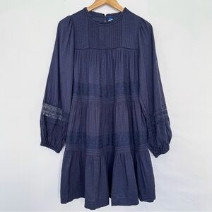 Old Navy Pintuck Lace Long Sleeve Swing Mini Dress Tiered Flowy Size Medium Blue